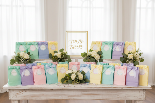 A professional party setup featuring paper treat bags, balloons, and tablecloths, by Joycraft.