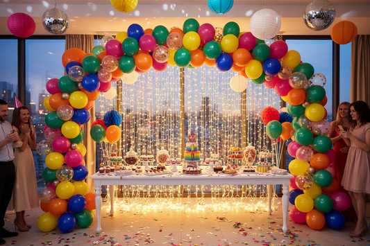 A professional party celebration featuring balloon garland kits, tablecloths, and diy craft kits, by Joycraft.