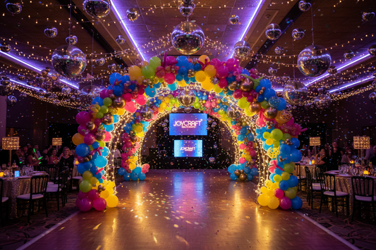 A professional party celebration featuring balloons, tablecloths, and diy craft kits, by Joycraft.