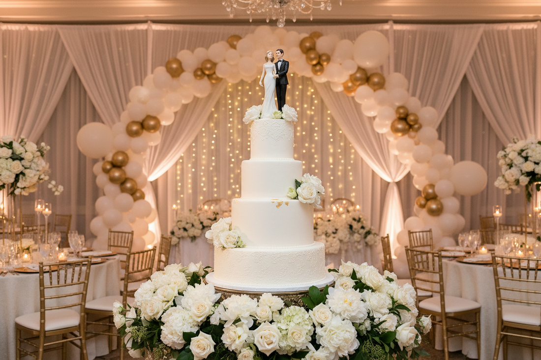 A professional wedding reception setup featuring wedding toppers, wedding balloon arches, and wedding plates, by Joycraft.