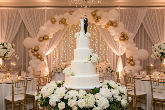 A professional wedding reception setup featuring wedding toppers, wedding balloon arches, and wedding plates, by Joycraft.