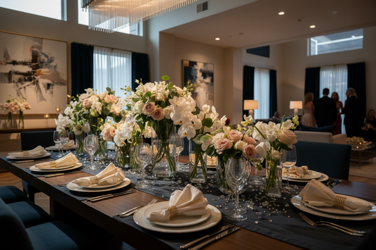 A beautifully decorated party table featuring high-quality vases, napkins, and table scatter, by Joycraft.