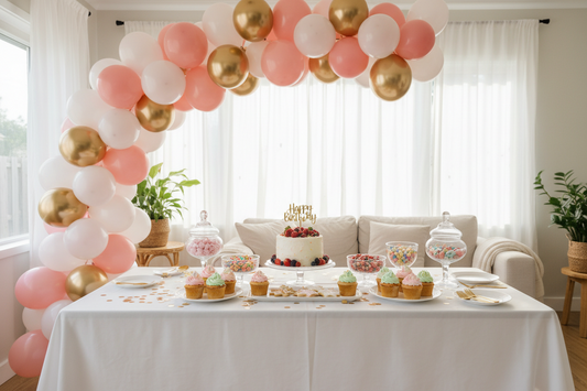 Colorful budget-friendly birthday party setup with balloon garland, white tablecloth, and simple dessert table styling
