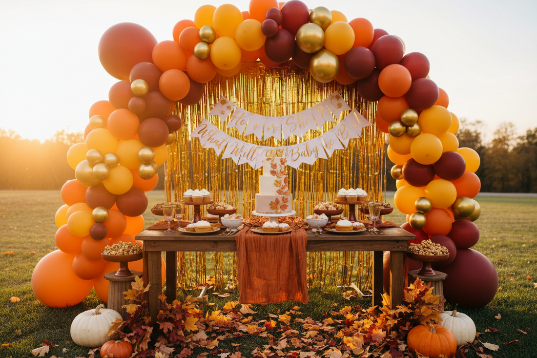 Fall gender reveal party decorations with balloon garland in orange and burgundy, gold fringe curtain backdrop, personalized banner, and styled dessert table