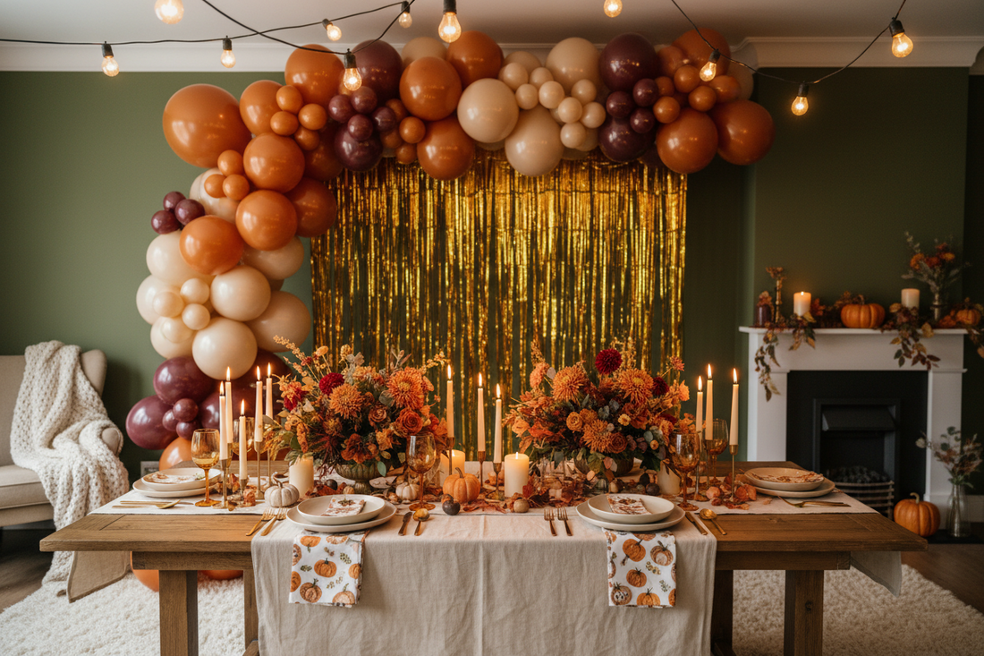 Fall party decorations for home featuring a burnt orange and gold balloon garland arch, metallic fringe curtain backdrop, and styled harvest dinner table