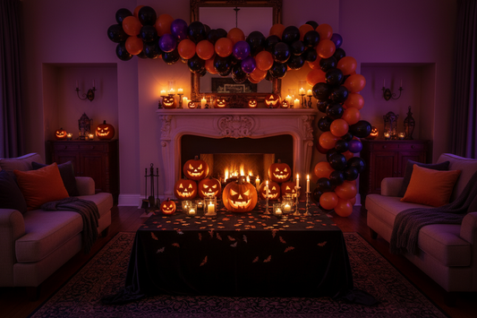Halloween party decorations for home with black and orange balloon garland, purple balloons, and glowing jack-o'-lanterns on a fireplace mantel