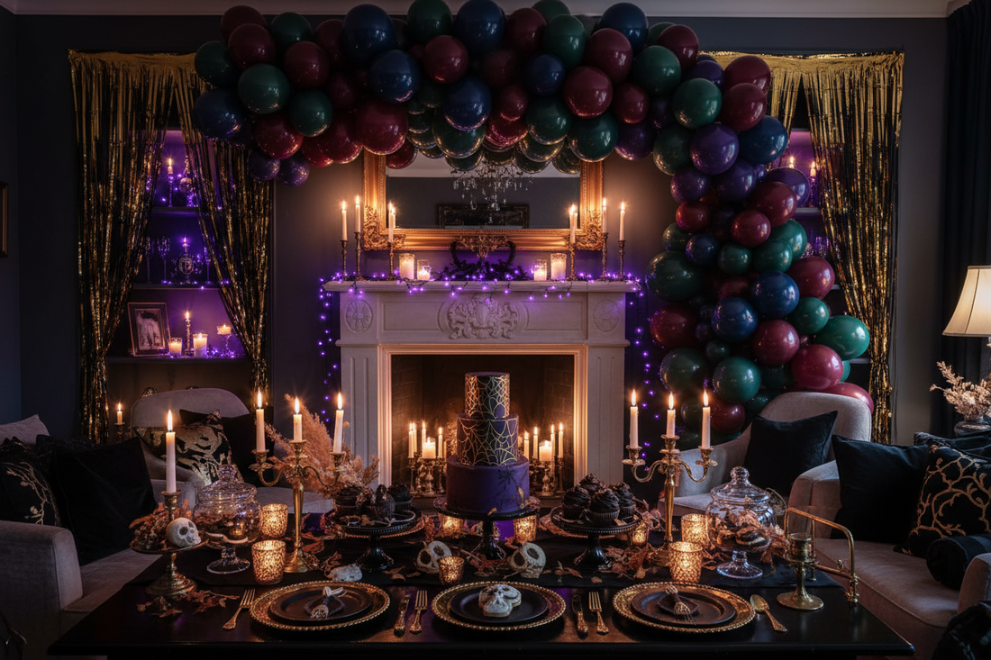 Halloween party decorations at home featuring a gothic glam balloon garland in burgundy, dark green, navy, and purple over a fireplace mantel with fringe curtains and string lights