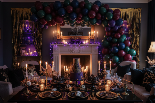 Halloween party decorations at home featuring a gothic glam balloon garland in burgundy, dark green, navy, and purple over a fireplace mantel with fringe curtains and string lights