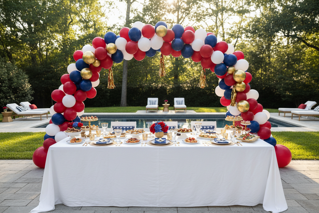 Labor Day party decorations with red white and blue balloon garland arch and styled food table in a backyard setting