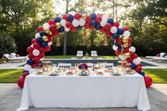 Labor Day party decorations with red white and blue balloon garland arch and styled food table in a backyard setting