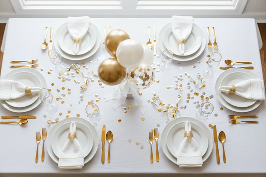 Elegant party table setting with gold cutlery, white plates, confetti, and balloon centerpiece for a celebration