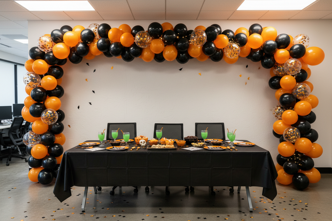 Black and orange Halloween balloon garland kit decorating a conference room wall for office party