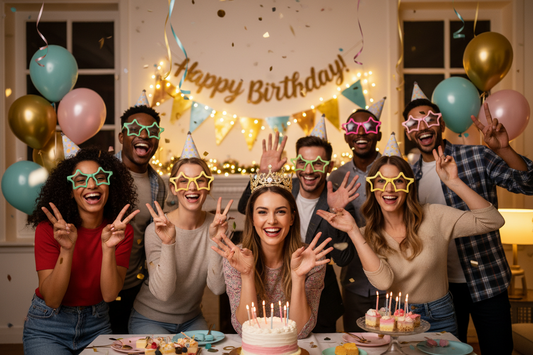 Professional party hats, birthday crowns, and fun glasses creating a perfect atmosphere for birthday celebrations, by Joycraft.