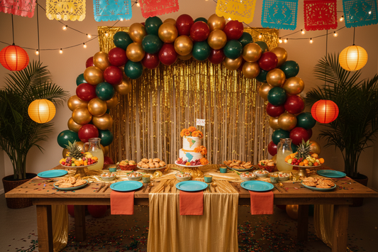 Hispanic Heritage Month party decorations with vibrant red gold and green balloon garland arch and metallic fringe curtain backdrop for fiesta celebration
