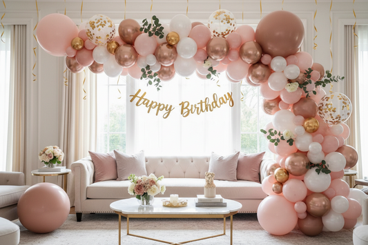 Colorful balloon arch in pink, gold, and white for a birthday party setup