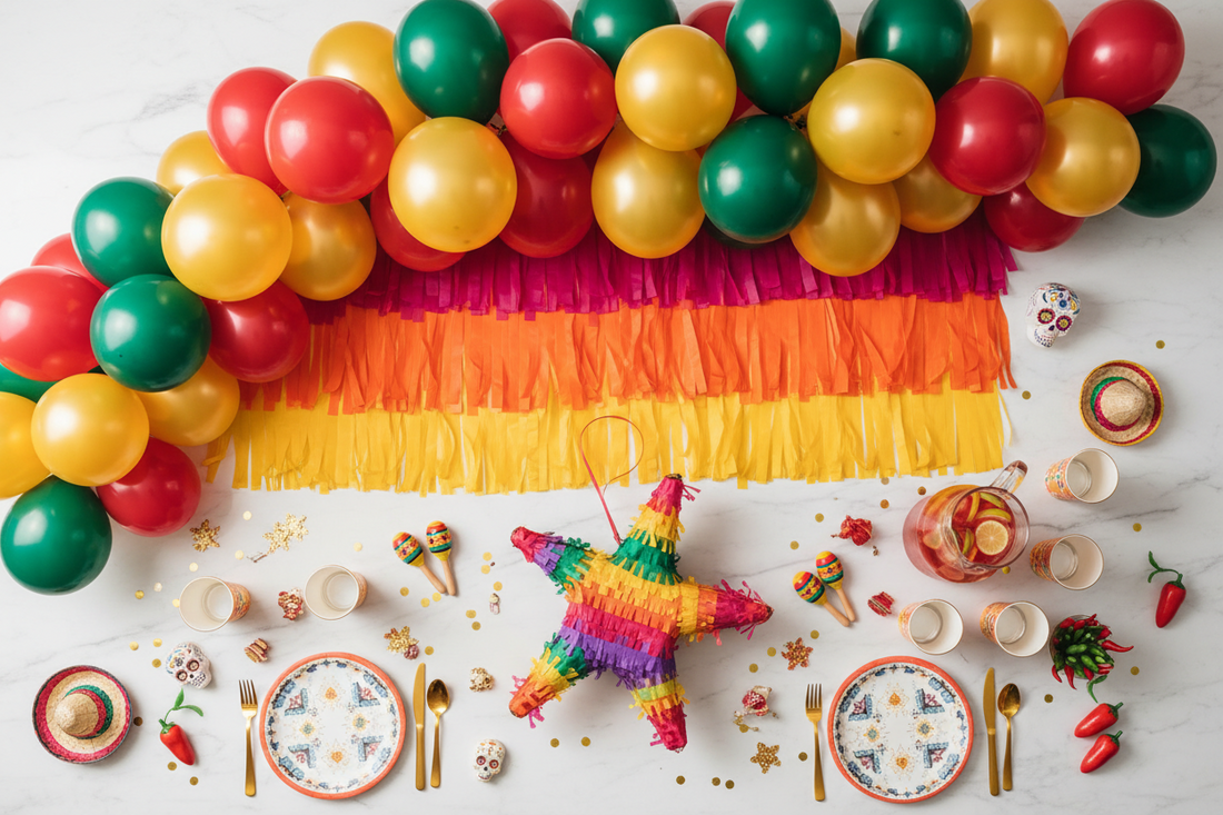 Colorful Hispanic Heritage Month party decorations including balloon garland, fringe curtain backdrop, piñata, and festive tableware
