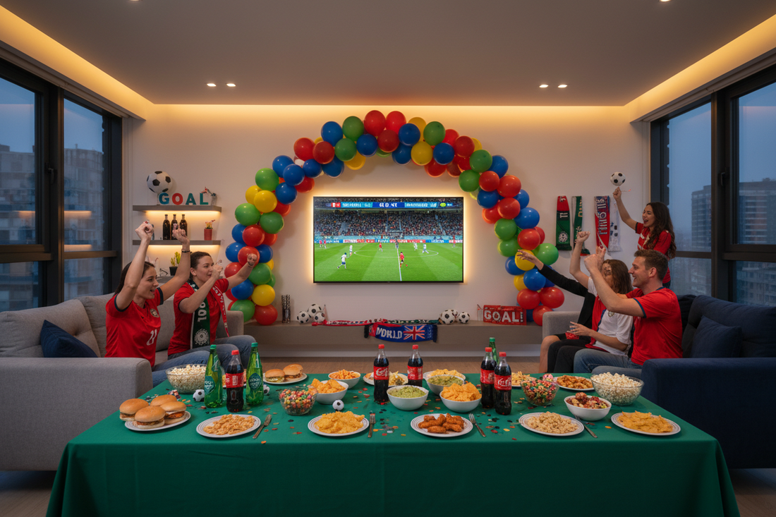 A professionally decorated World Cup watch party space featuring thematic tablecloths and balloons, by Joycraft.