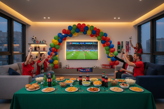 A professionally decorated World Cup watch party space featuring thematic tablecloths and balloons, by Joycraft.