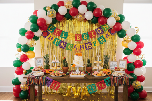 Hispanic Heritage Month party decorations featuring a red, green, and gold balloon garland arch with fringe curtain backdrop
