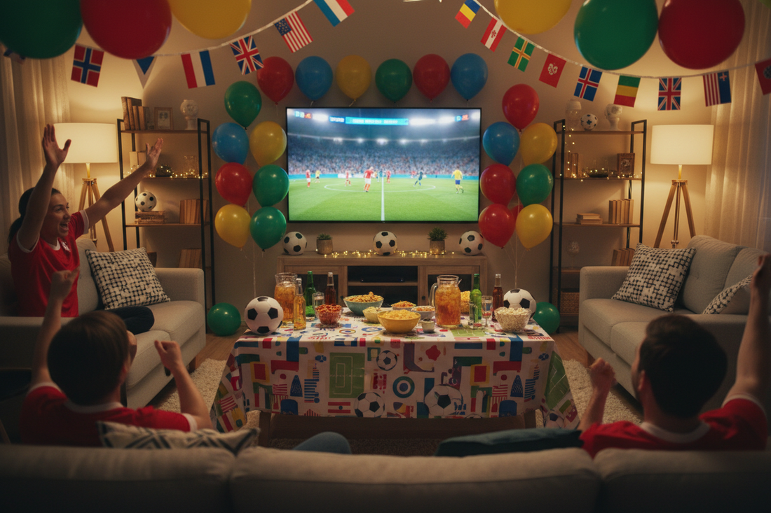 Professional party decor and balloons creating a perfect stadium atmosphere for World Cup viewing parties, by Joycraft.