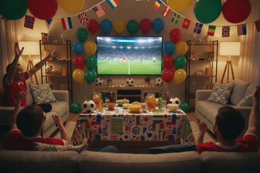Professional party decor and balloons creating a perfect stadium atmosphere for World Cup viewing parties, by Joycraft.