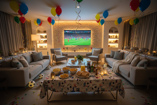 Professional party decor and balloons creating a perfect stadium atmosphere for World Cup viewing parties, by Joycraft.
