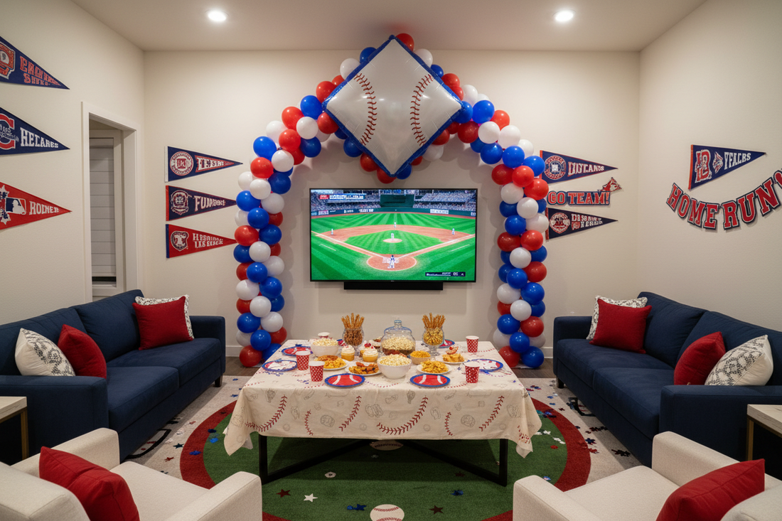 Professional baseball-themed party decor and balloons creating a perfect stadium atmosphere for MLB viewing parties, by Joycraft.
