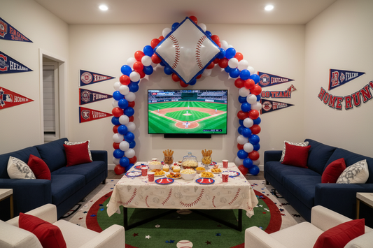 Professional baseball-themed party decor and balloons creating a perfect stadium atmosphere for MLB viewing parties, by Joycraft.