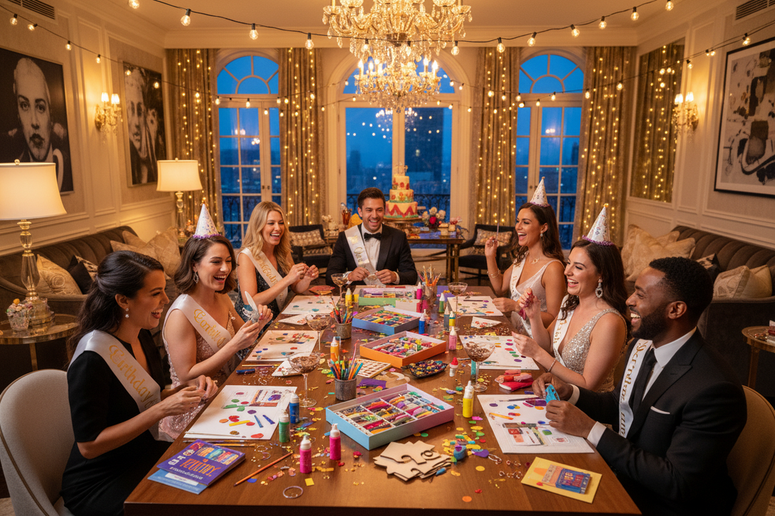 A professional home birthday party featuring diy craft kits, sashes, and tablecloths, by Joycraft.