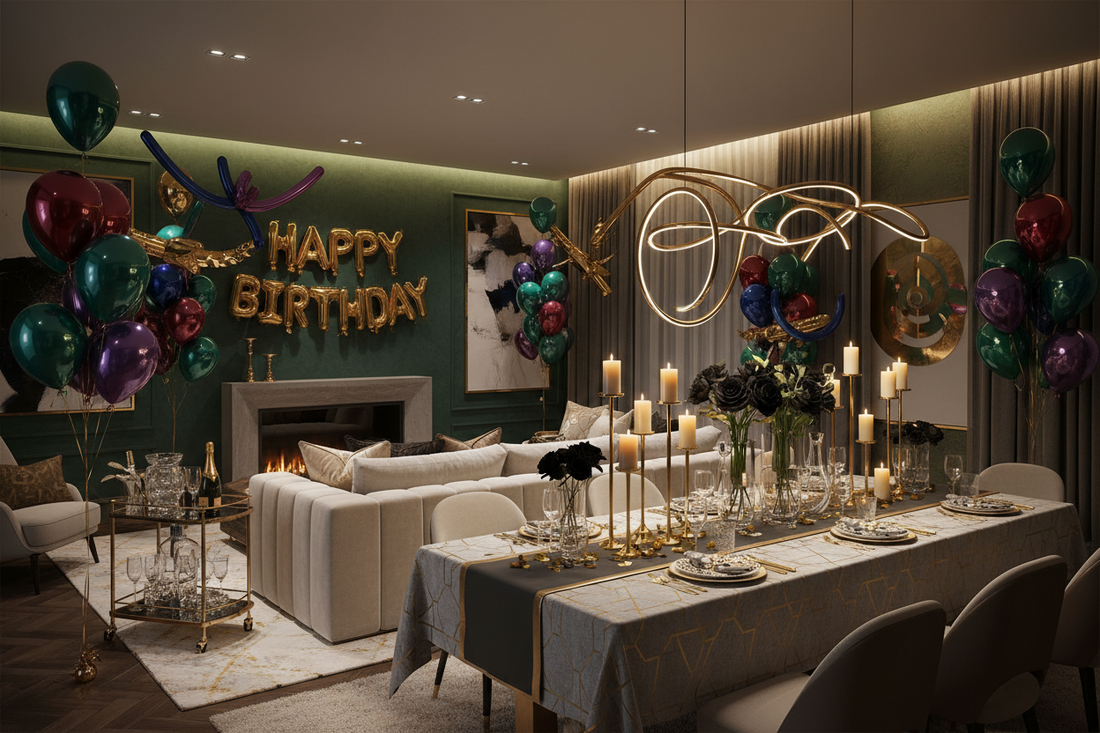 A vibrant home living room setup for a professional birthday party, featuring high-quality themed balloons and a sleek, coordinated tablecloth, 8k resolution, cinematic atmosphere.