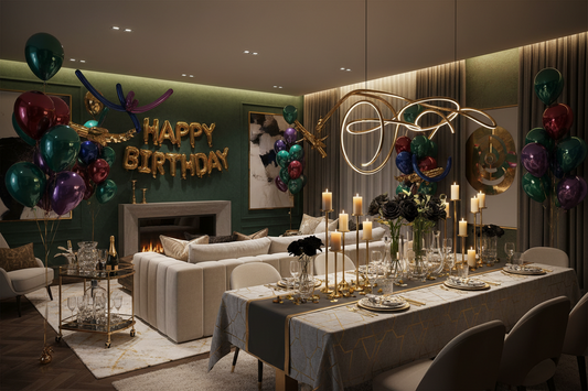 A vibrant home living room setup for a professional birthday party, featuring high-quality themed balloons and a sleek, coordinated tablecloth, 8k resolution, cinematic atmosphere.