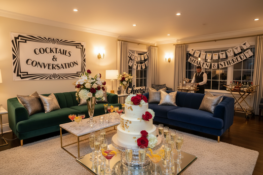 A professional home party featuring party banners, cake toppers, and party hats, by Joycraft.