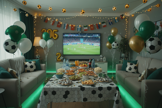 A professional World Cup viewing party featuring balloons, tablecloths, and plates, by Joycraft.