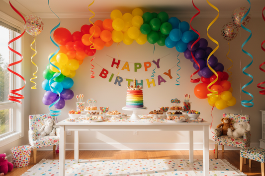 Vibrant kids' birthday party setup with rainbow balloon garland, colorful cake table, and bright party decorations