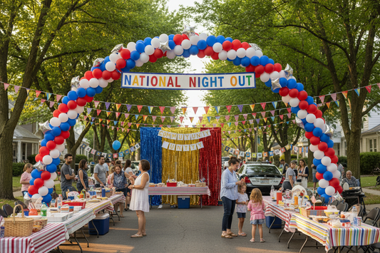 Colorful neighborhood block party decorated with balloon garland arch, bunting flags, and tablecloths for National Night Out