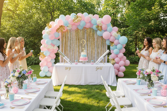 Outdoor summer gender reveal party decorated with pink and blue balloon garland arch, gold fringe curtain backdrop, and confetti cannons