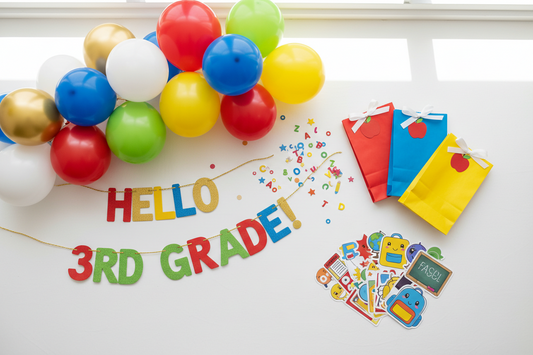 Back to school party decorations including balloon garland, personalized banner, and colorful party supplies