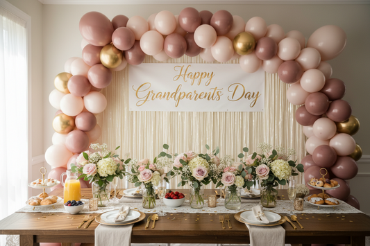 Grandparents Day party decorations with dusty rose and gold balloon garland, ivory fringe curtain backdrop, and personalized banner