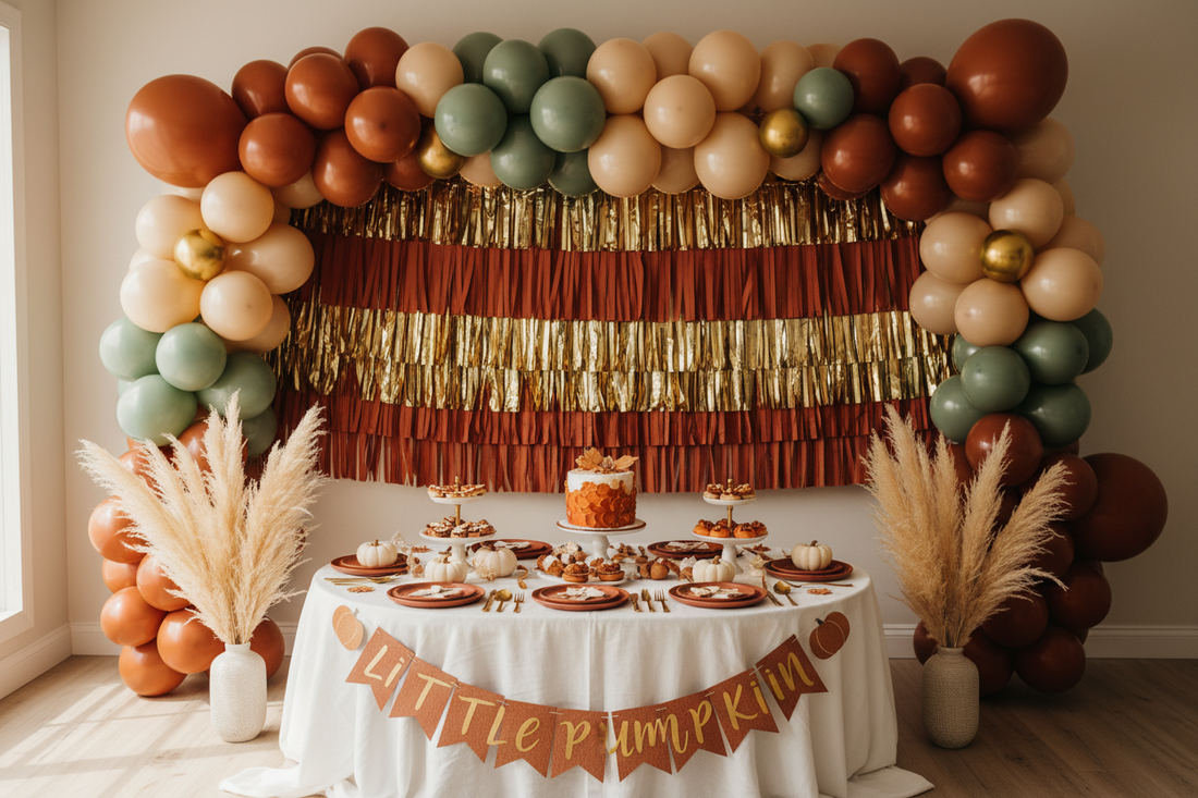 Fall baby shower decorations featuring terracotta and gold balloon garland, fringe curtain backdrop, autumn tableware, and Little Pumpkin banner