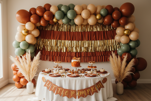 Fall baby shower decorations featuring terracotta and gold balloon garland, fringe curtain backdrop, autumn tableware, and Little Pumpkin banner