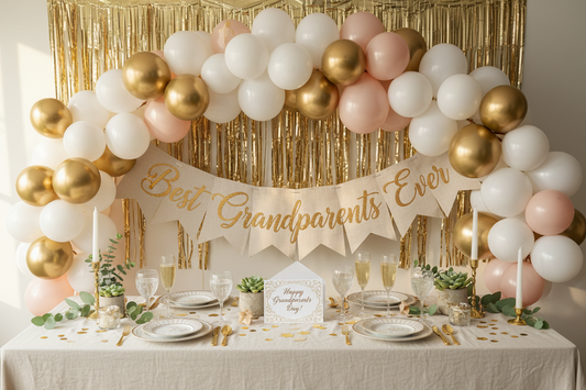 Grandparents Day party decorations including personalized banner, white and gold balloon garland, elegant table setting, and blush fringe curtain backdrop
