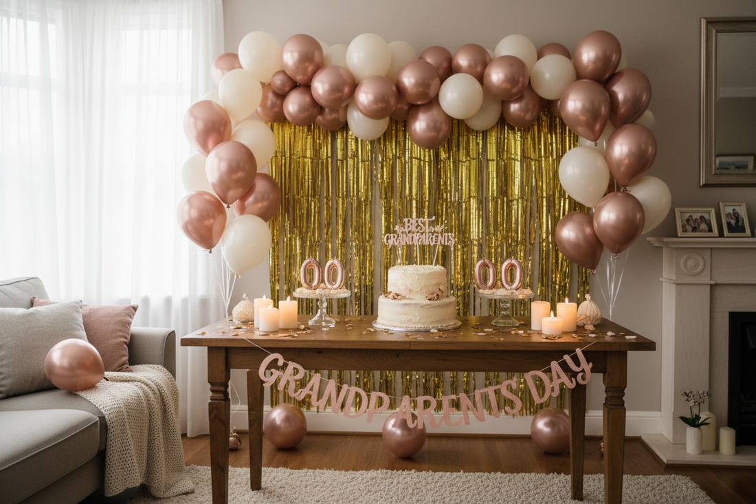 Grandparents Day party decorations with gold fringe curtain backdrop, rose gold balloon clusters, milestone birthday banner, and styled celebration table with candles and cake toppers