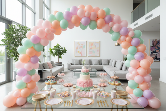 Pastel balloon arch framing a styled party dessert table with gold-rimmed disposable dinnerware in a modern living room