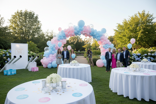 A beautifully decorated gender reveal party setting featuring high-quality balloons, stickers, and powder spray, by Joycraft.