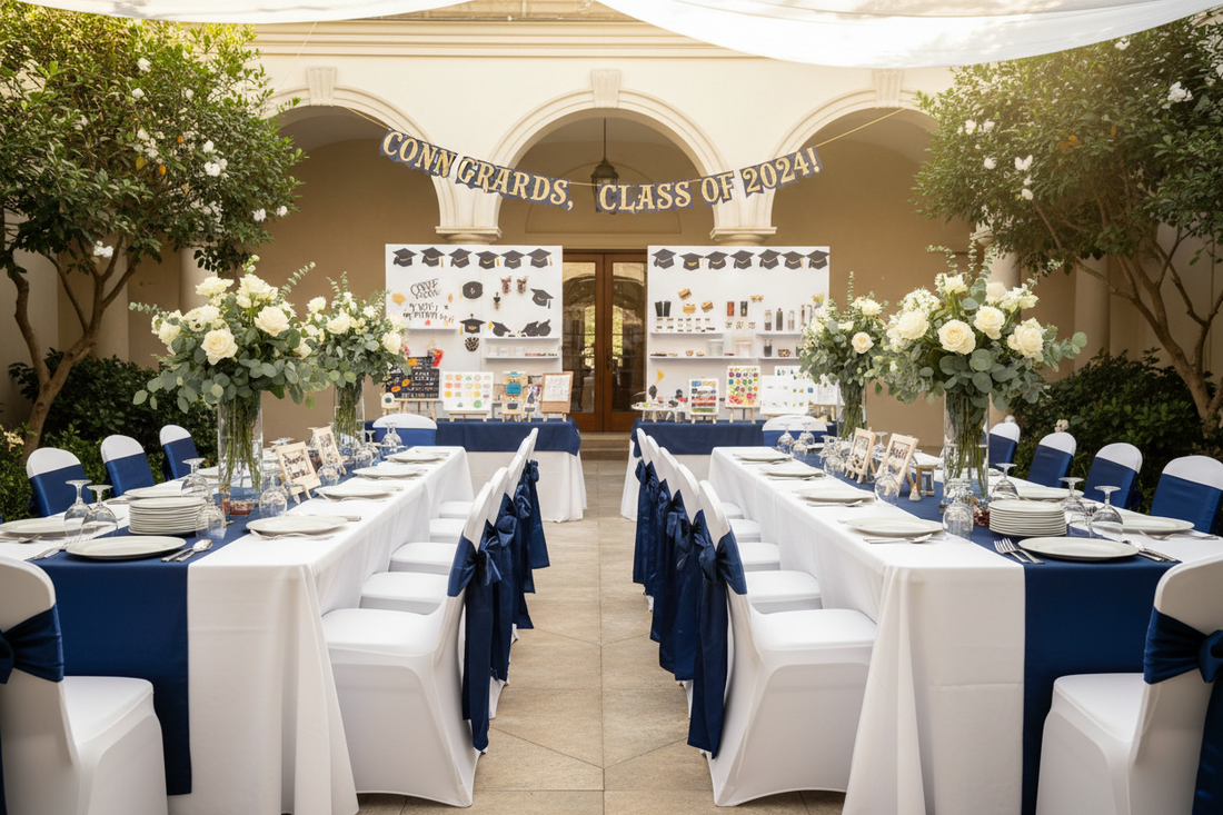 A beautifully decorated graduation party setting featuring high-quality table linens and decorative sashes, by Joy-Craft.