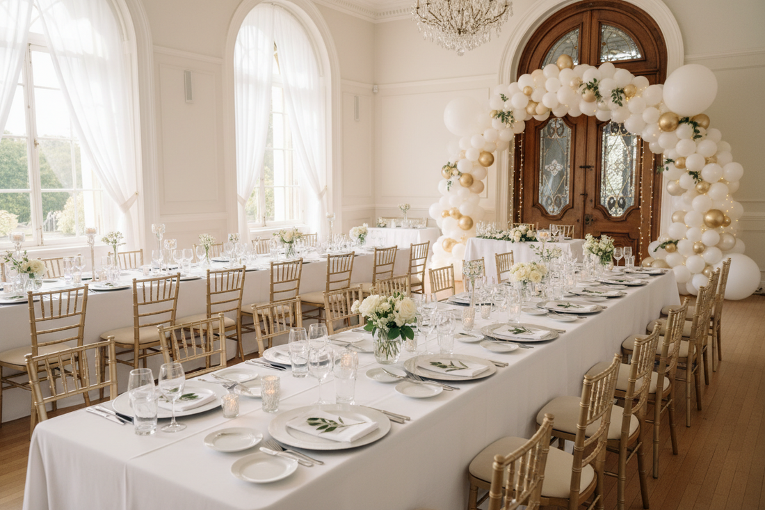 A beautifully decorated wedding reception setting featuring high-quality tablecloths, a balloon arch, and elegant wedding plates, by Joycraft.