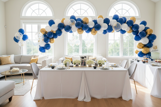 A beautifully decorated graduation party setting featuring high-quality table linens and festive balloons, by Joycraft.