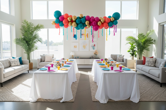 A beautifully decorated party venue featuring high-quality tablecloths, balloons, and elegant plates, by Joycraft.