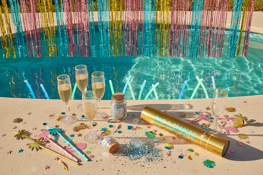 Adult pool party decorations including metallic fringe curtain, glow sticks, plastic champagne flutes, body glitter, and confetti cannon for an elevated summer bash