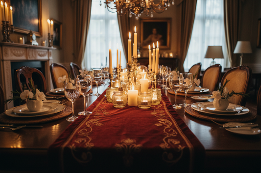 Professional tableware, table runners, and candles creating a sophisticated atmosphere for dinner parties, by Joycraft.